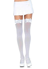 Opaque White Thigh High Stockings With Satin Bow Accent White Hosiery